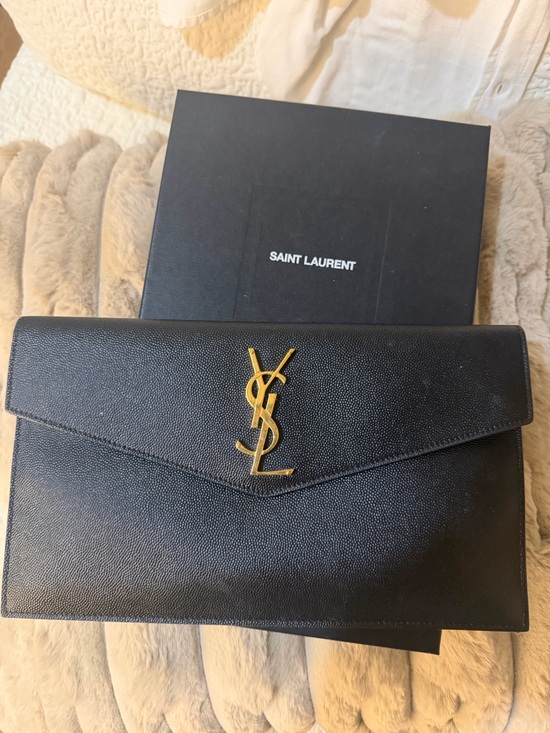 Saint Laurent Handbags - Saint Laurent Black Pebbled Leather Tote with Gold Logo